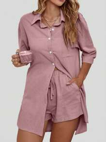 SHEIN LUNE Conjunto casual de dos piezas con camisa y pantalones cortos de unicolor para primavera/verano para tallas grandes - Rosa vieja - Ver 3