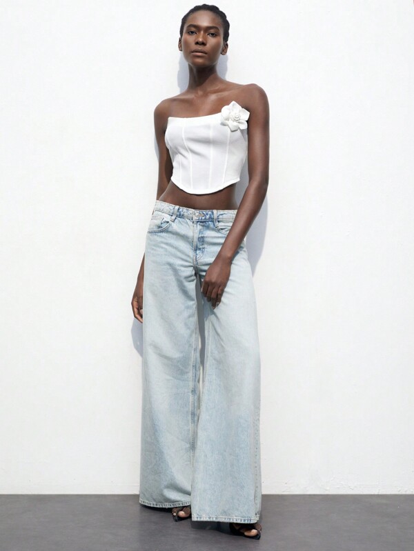 Maija Top blanco sin tirantes para mujer con flor 3D desmontable