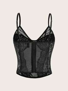 SHEIN BAE Lace Splicing Mesh See-Through Victoria Secret Corset Top,Rave Festival,Country Concert,Rave Festival - Black - View 9