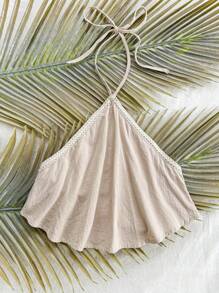 Soleia 夏季女士休闲沙滩露背吊带蝴蝶结花卉拼接荷叶边下摆宽松透气上衣，度假/毕业季 - 杏色 - 查看 3