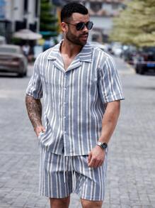 Manfinity Homme Conjunto de camisa casual de diseño a rayas y estampado de moda para hombres de talla grande - Blanco - Ver 3