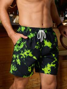 Manfinity Pantalones cortos de playa para hombre con cintura elástica y estampado de teñido anudado para el verano
