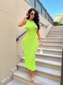 Zolique Vestido feminino sem mangas simples e liso para uso diário - Verde - Visão 3