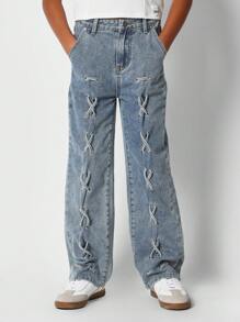 SUMWON Pantalón vaquero con ajuste acampanado y detalle trenzado para niñas preadolescentes - Azul - Ver 1