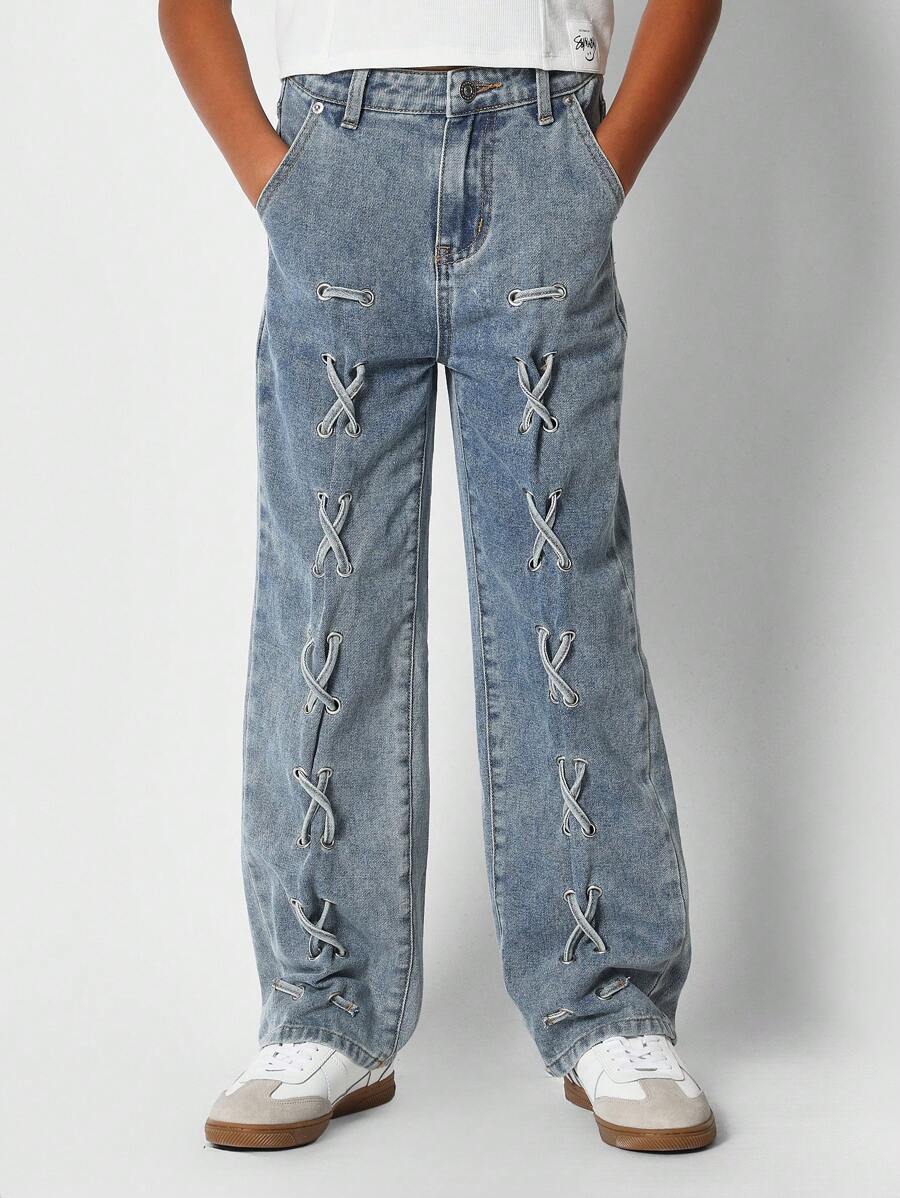 SUMWON Pantalón vaquero con ajuste acampanado y detalle trenzado para niñas preadolescentes - Azul - Ver 1