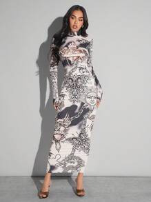 Hauture Tattoo Graphic Print High Neck Bodycon Dress - Multicolor - View 1