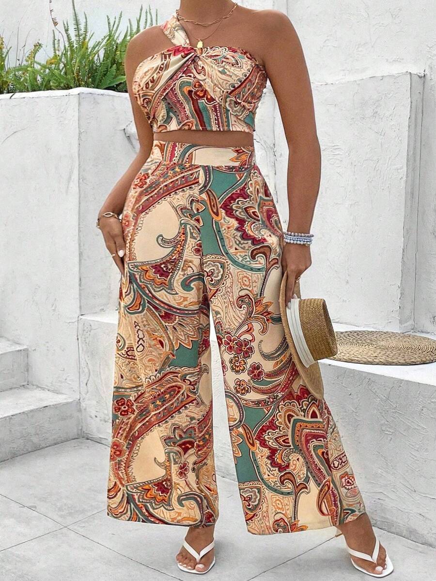 Breezaya Plus Size Vacation And Leisure Paisley Print One-Shoulder Crop Top With Wide Leg Pants Two Pieces Set