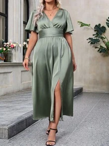 EMERY ROSE Plus Size Women Summer Solid Color Overlapping V-Neck Ruffled Short Sleeves Waist Pleated Elegant Long Dress With Side Slit Hem Women Outfit - Army Green - View 5
