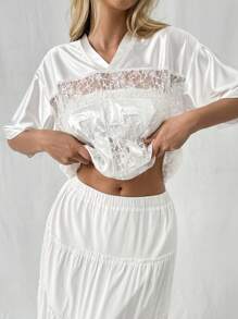 Flirla Camiseta corta de manga corta de mujer con aplicación de encaje blanco, satén bordado y gráfico para ropa de fiesta de vacaciones - Blanco - Ver 7
