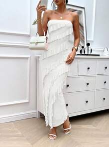 SHEIN Privé Elegant Summer Strapless Dress With Ruffle Decor Aline - White - View 1