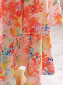 Soleia 女裝假期夏季油畫風格派對午餐婚禮季節畢業季節返校季復活節夏季服裝，可愛休閒印花花朵甜美浪漫橙紅色花卉雪紡層疊荷葉邊鬆緊腰二件套裝 - 彩色 - 查看 6