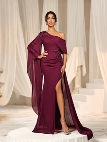 Faeriesty Váy đầm họa tiết hoa cổ xẻ tà bất đối xứng - Màu Đỏ Sâu - Xem 3