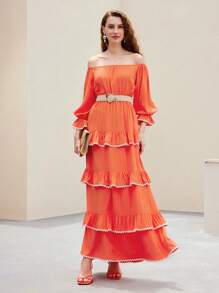 MOTF PREMIUM 露肩飄逸袖子對比波帶修邊層疊荷葉邊連衣裙 - 橘色 - 查看 2