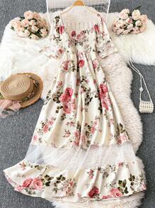 SHEIN Clasi Plus Size Mùa hè Váy lưới tương phản thanh lịch - Màu be - Xem 2