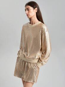 Ontre Conjunto De 2 Piezas De Sudadera Con Cuello Redondo, Mangas Caídas Y Pantalones Cortos - Caqui - Ver 5