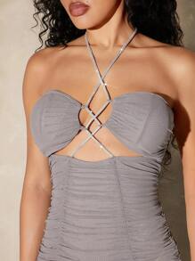 Hauture Summer Knitted Solid Color Sexy Hollow Out Halter Sleeveless Dress - Grey - View 4