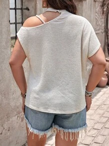 Flirla Plus Size Women's Summer Solid Color Asymmetrical Neck Batwing Short Sleeve Loose Casual T-Shirt - Apricot - View 2