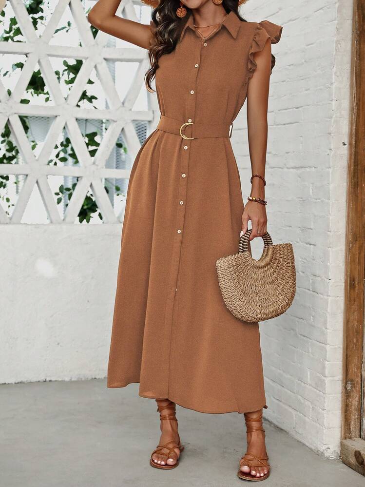 SHEIN Clasi Kỳ nghỉ dành cho nữ Giải trí Màu trơn Ruffle Trim Nút phía trước Áo sơ mi dài - màu nâu - Xem 3