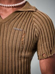 FeverCity Men's Short Sleeve Knitted Top With Turn-Down Collar, Ripped Design And Ribbed Hem - Coffee Brown - View 2