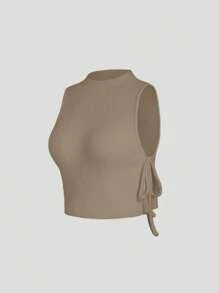 SHEIN Unity Ladies' Plain And Simple Daily Knit Top - Coffee Brown - View 3