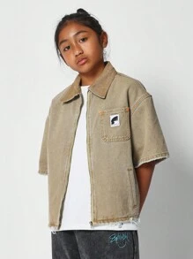 SUMWON Tween Girls Boxy Fit Denim Shirt - Khaki - View 1