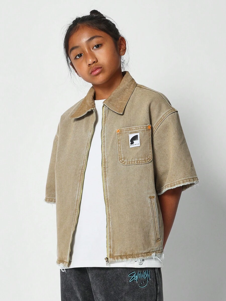 SUMWON Tween Girls Boxy Fit Denim Shirt - Khaki - View 1