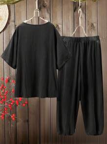 Plus Size Women's Fashionable Simple Solid Color Versatile Pleated Fabric Two-Piece Set - Black - View 2