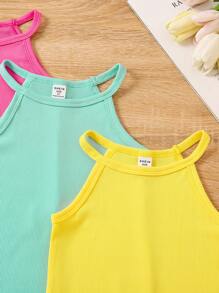 SHEIN 3pcs Young Girl Summer Solid Color Halter Neck Casual Dress, School, Campus, College - Multicolor - View 5