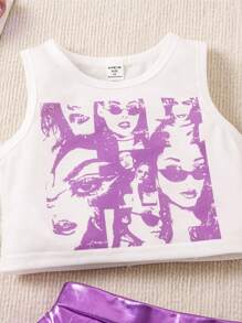 SHEIN Conjunto casual de 2 piezas con chaleco de cuello redondo con impresión de personajes de verano y falda plisada para niña joven