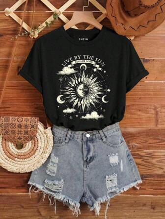 Tween Girls Casual Sun, Moon & Star Print Short Sleeve Round Neck T-Shirt, Suitable For Summer Holiday Outfit