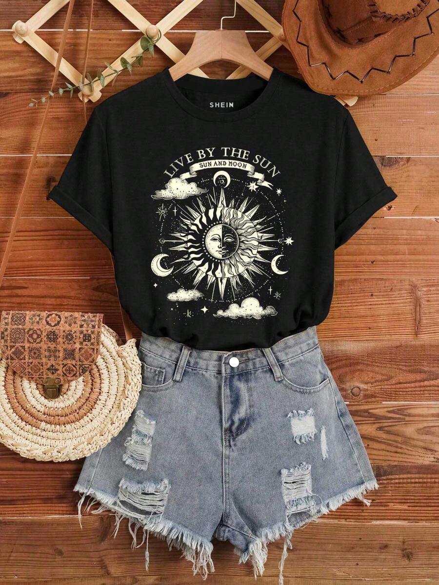 Tween Girls Casual Sun, Moon & Star Print Short Sleeve Round Neck T-Shirt, Suitable For Summer Holiday Outfit - Black - View 1