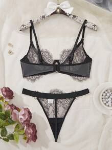 SHEIN Conjunto de lencería sexy de encaje diario simple y liso para mujeres