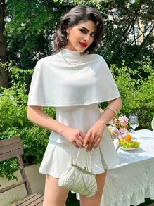 Zolique Damen Sommer elegantes, Einfarbig, schlankes Cape-Top mit Stehkragen - Weiss - Übersicht 1