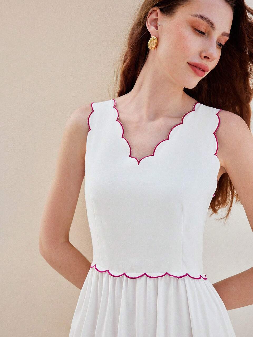 FLORAL PRINT CONTRAST BINDING SCALLOP EDGE DRESS