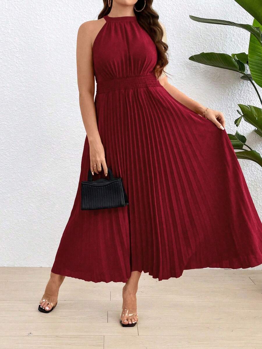 Franclia Đầm xếp ly hở lưng màu trơn cỡ lớn cho nữ mùa hè - Màu Đỏ Sâu - Xem 1