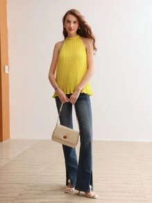 MOTF PREMIUM SOLID LETTUCE TRIM PLISSE BLOUSE - Yellow - View 4