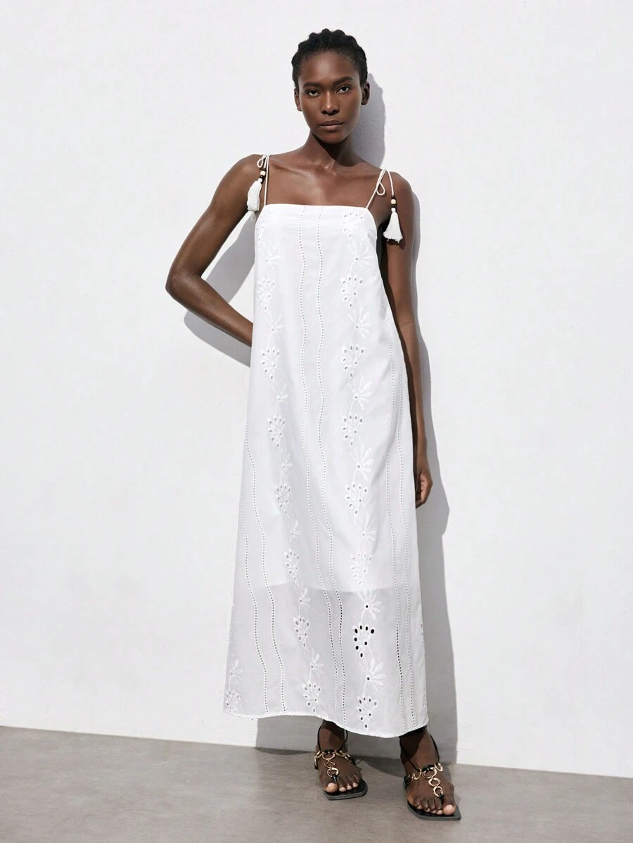 Maija 女士轻盈棉质连衣裙，花卉刺绣，细肩带，流苏吊坠，适合春季、夏季、邮轮旅行、海滩、毕业季