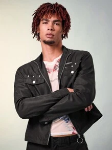 FeverCity Jachetă bărbătească la modă, cu guler înalt, în culori solide, cu fermoar, pentru toamna și iarna - Negru - Vizualizare 1