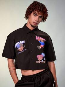 FeverCity Men's Cartoon Letter Print Short Sleeve Crop Top Shirt - Black - View 5