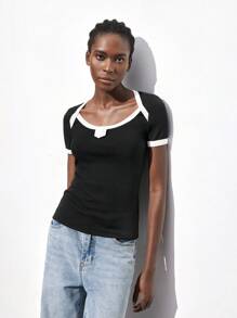 Maija Camiseta informal de manga corta de corte holgado con cuello redondo y bloques de color para mujer, primavera/verano