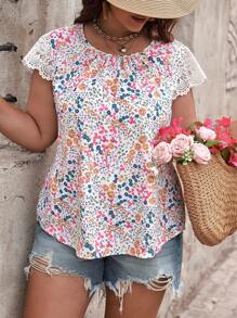 SHEIN Franclia Blusa de encaje con contraste de tallas grandes para vacaciones y ocasiones casuales con estampado floral pequeño - Multicolor - Ver 6
