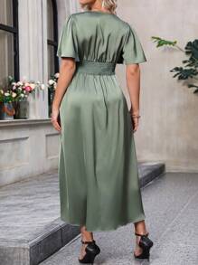 EMERY ROSE Plus Size Women Summer Solid Color Overlapping V-Neck Ruffled Short Sleeves Waist Pleated Elegant Long Dress With Side Slit Hem Women Outfit - Army Green - View 2