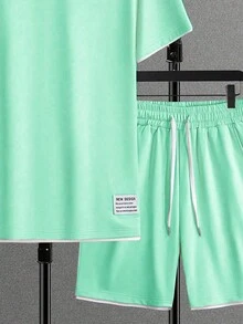 Manfinity Homme Men's Summer Letter Pattern Round Neck Short Sleeve Casual T-Shirt And Drawstring Waist Shorts Set - Mint Green - View 4