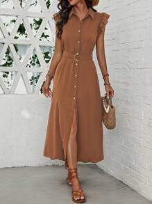 SHEIN Clasi 女式假期休閒純色荷葉邊前釦長衬衫裙 - 棕色 - 查看 7