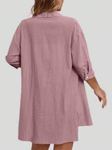 SHEIN LUNE Conjunto casual de dos piezas con camisa y pantalones cortos de unicolor para primavera/verano para tallas grandes - Rosa vieja - Ver 2