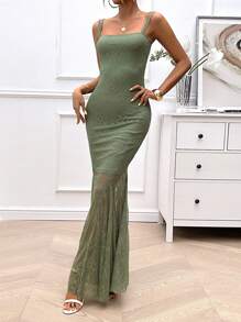 Chiquease Women Summer Slim Strap Solid Color Lace Patchwork Mermaid Spaghetti Strap Dress - Green - View 5