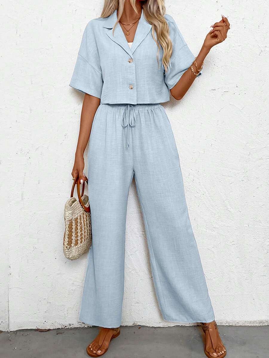 SHEIN LUNE Women's Linen Simple Casual Loose Fit Summer Top And Pants Two-Piece Set - Blue - View 1