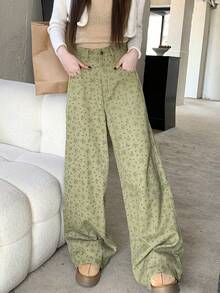复古碎花高腰阔腿牛仔裤 - 綠色 - 查看 5