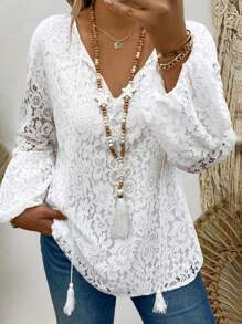 SHEIN LUNE Áo sơ mi đi nghỉ thông thường có dây buộc cho nữ - trắng - Xem 6