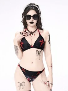 ROMWE Goth Set de 2 piezas de bikini con diseño de cruz gótica, para vacaciones de verano en la playa - Multicolor - Ver 1